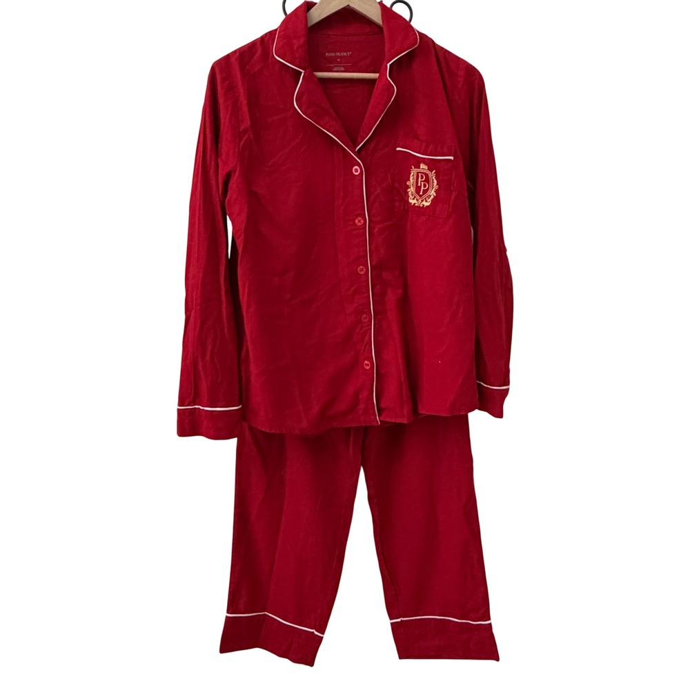 Posh Peanut Pajama Set Medium Red Bamboo Viscose Long Sleeve Button‎ Front Crest